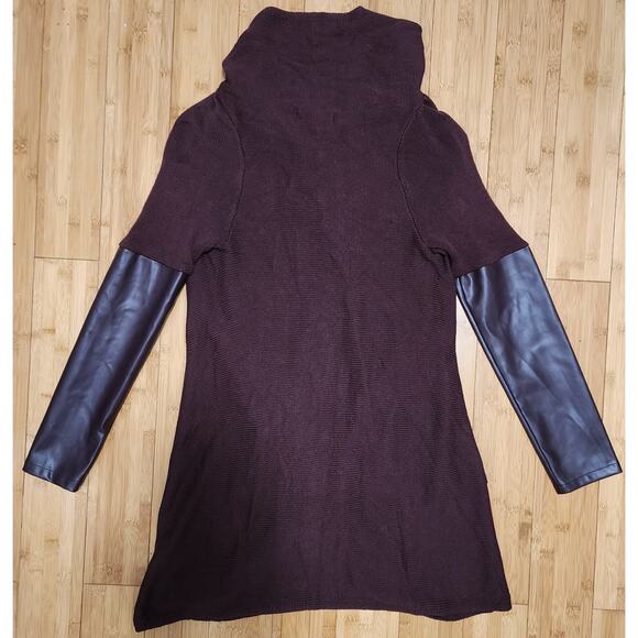 BLANK NYC Cardigan XS Tight Knit Vegan Leather Sleeve Burgundy Button Cowl Neck - Picture 8 of 8